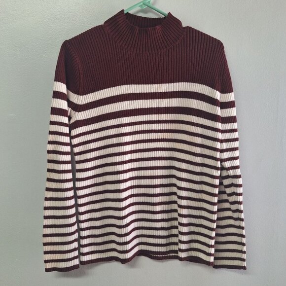 Studio Works Striped Sweater Soft Burgundy Red Womens Large Turtleneck - Picture 1 of 7
